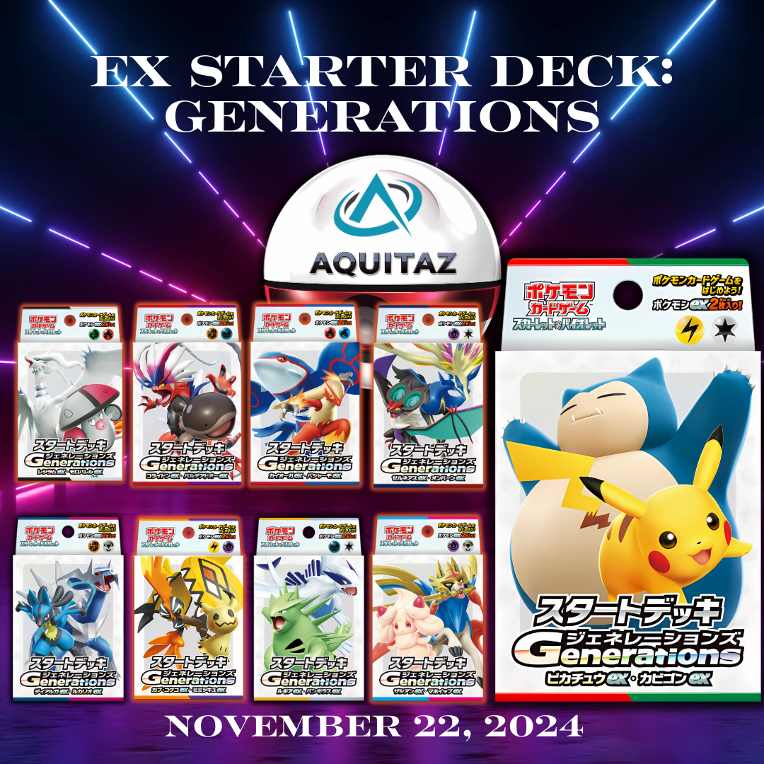 "Ex Starter Deck Generations Pokémon TCG-släpp med ikoniska Pokémon ex-kort från varje generation, tillgänglig från 22 november 2024, exklusivt hos Aquitaz."