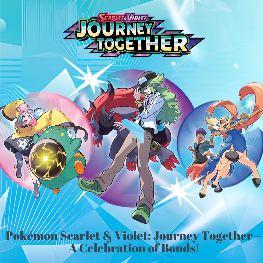 En headerbild för Pokémon Scarlet & Violet: Journey Together TCG-expansionen. Bilden visar Zacian i sin Crowned Sword-form tillsammans med tränaren Hop i en actionfylld pose. Bakgrunden har en livfull blå design med blixtmönster och expansionslogotypen.