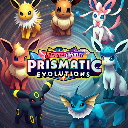 Scarlet & Violet: Prismatic Evolutions Pokémon-set med exklusiva Eeveelution-kort, premium samlarobjekt och boosterpaket, inspirerat av Japans Scarlet & Violet Terastal Festival. Lansering den 17 januari 2025.