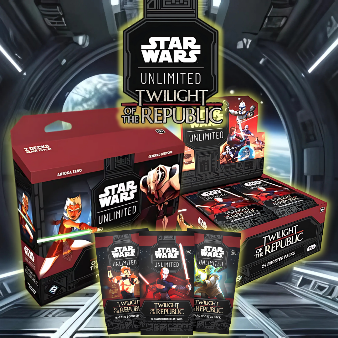 Bildbeskrivning: Förbeställ Star Wars™: Unlimited – Twilight of the Republic med över 250 nya kort, inklusive Boosterpåse och Ahsoka Tano vs. General Grievous. Lansering den 8 november 2024. Mer info på Aquitaz.se.