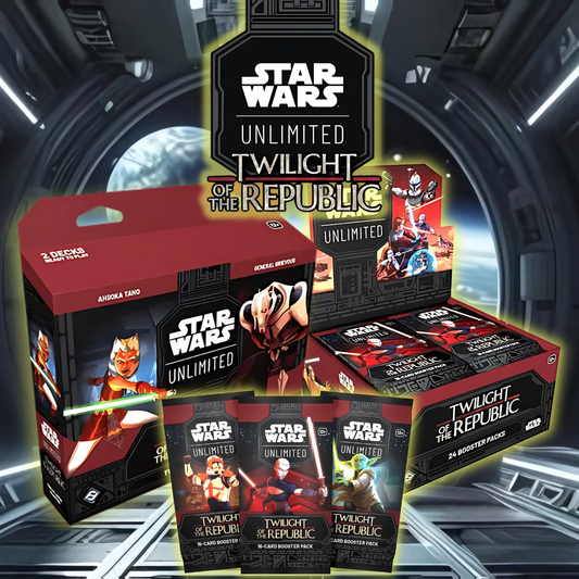 Bildbeskrivning: Förbeställ Star Wars™: Unlimited – Twilight of the Republic med över 250 nya kort, inklusive Boosterpåse och Ahsoka Tano vs. General Grievous. Lansering den 8 november 2024. Mer info på Aquitaz.se.