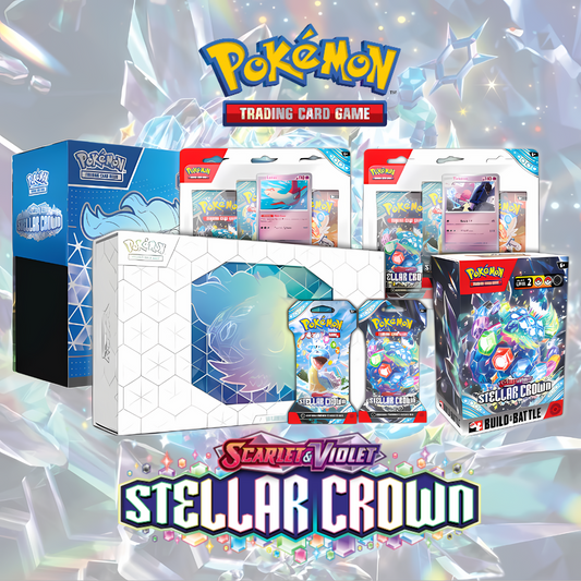 "Bild av Stellar Crown Pokémon TCG-setet som visar nya kort och sällsynta samlarobjekt. Framhäver Terapagos ex och exklusiva hemliga rariteter, perfekt för samlare och spelare."